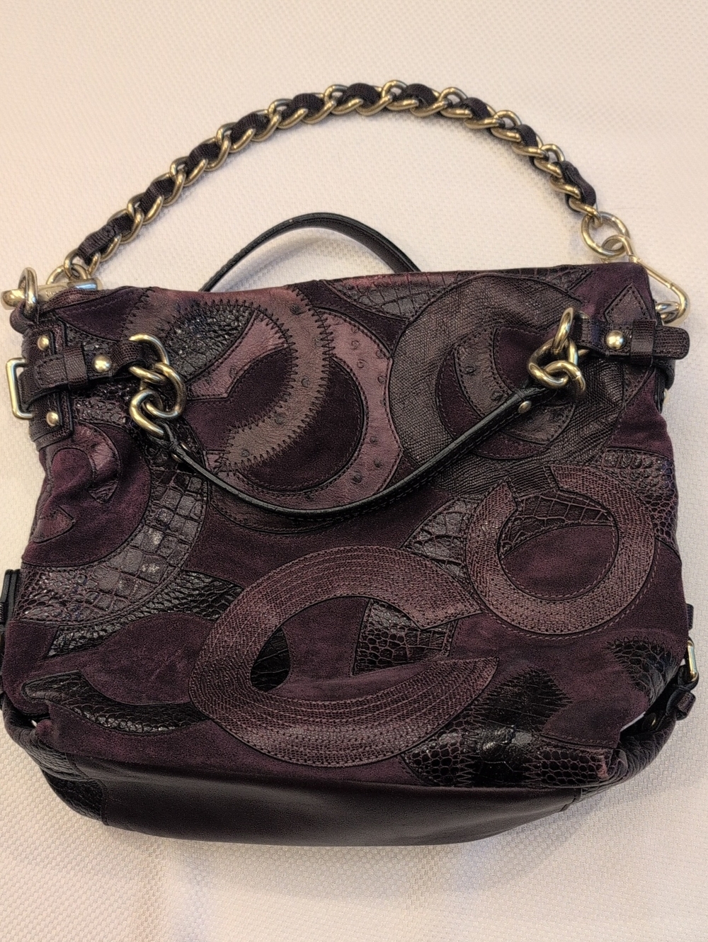 Coach Plum Patchwork Leather & Suede Shoulder Bag with Gold Chain